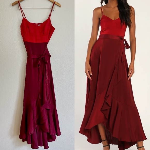 NWOT Burgundy Color Block Satin Ruffled Maxi Dress - Picture 1 of 8